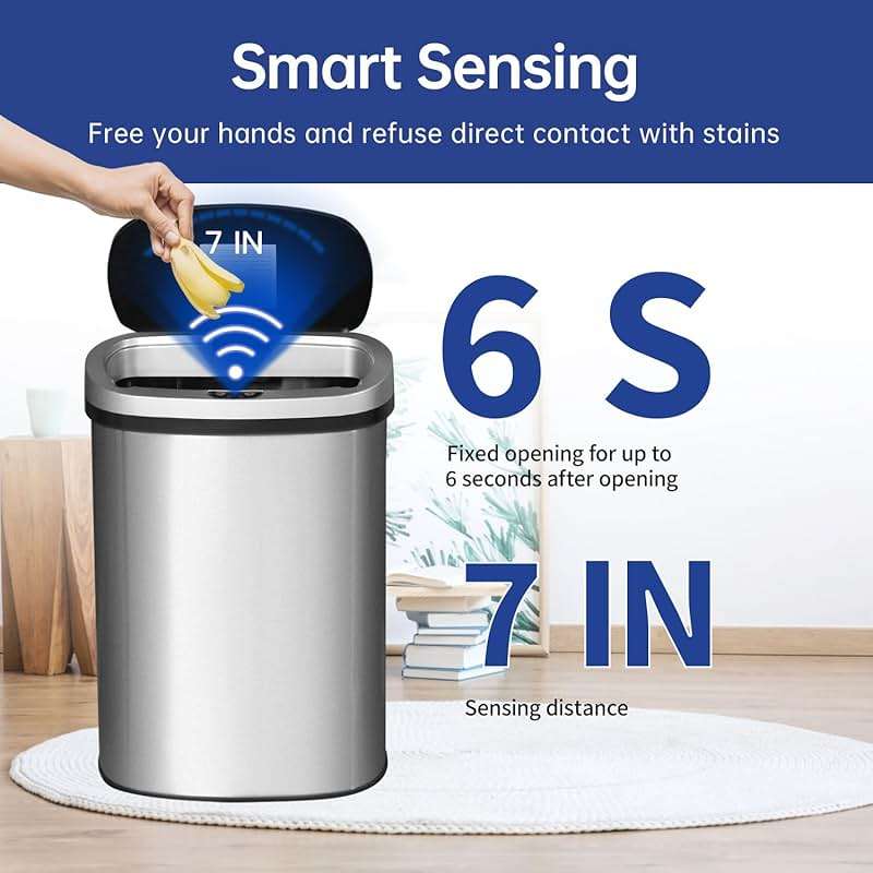 BestOffice | 13 Gallon Trash Can with Lid | Automatic Touchless Garbage Can | Odor Control | Modern Oval Design | Easy to Clean | Stainless Steel | Fits Any Kitchen, Bathroom, Office or Home - Image 2