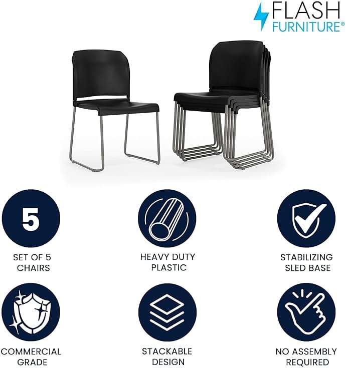 Flash Furniture Hercules Series Contoured Stacking Chairs for Waiting Rooms and Offices, Ergonomic Lobby Chairs with Curved Back, Set of 5, Black - Image 4