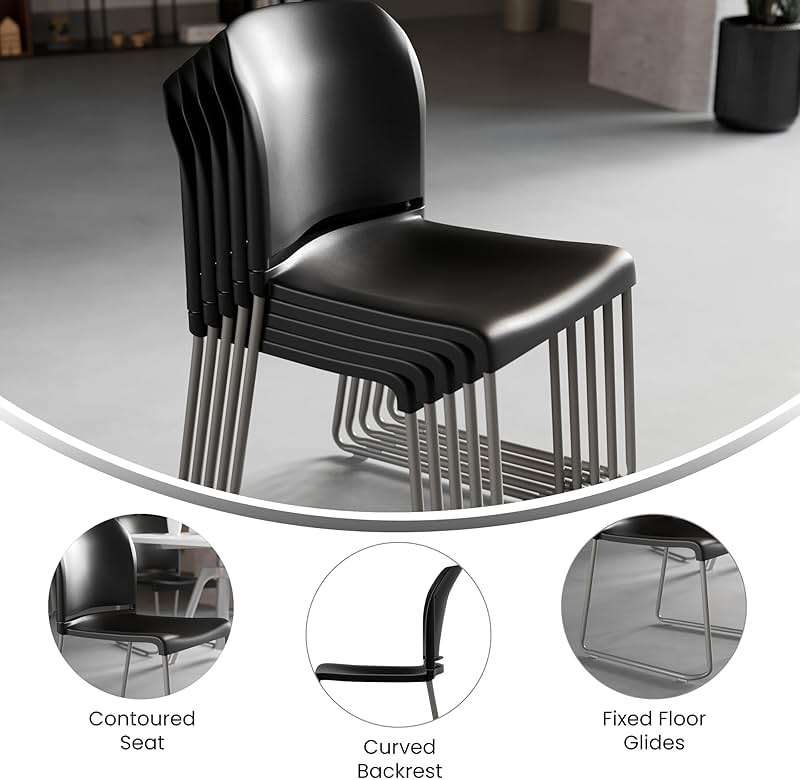 Flash Furniture Hercules Series Contoured Stacking Chairs for Waiting Rooms and Offices, Ergonomic Lobby Chairs with Curved Back, Set of 5, Black - Image 6