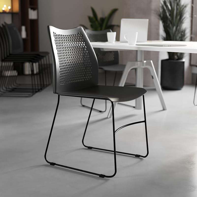 Flash Furniture Hercules Series Contoured Lobby Chairs with Air-Vent Honeycomb Backs, Ergonomic Stacking Chairs for Offices, Set of 5, Black - Image 2