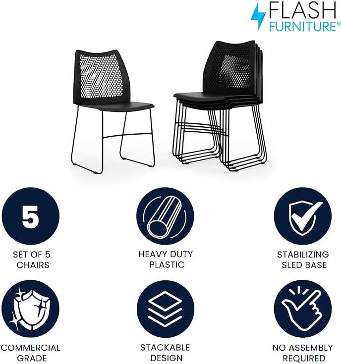 Flash Furniture Hercules Series Contoured Lobby Chairs with Air-Vent Honeycomb Backs, Ergonomic Stacking Chairs for Offices, Set of 5, Black - Image 4