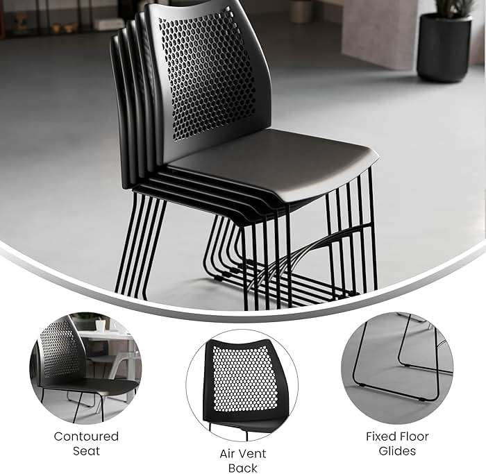Flash Furniture Hercules Series Contoured Lobby Chairs with Air-Vent Honeycomb Backs, Ergonomic Stacking Chairs for Offices, Set of 5, Black - Image 6