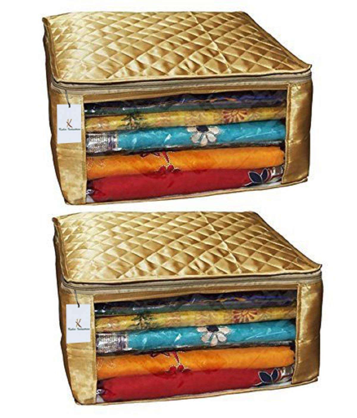 Kuber Industries Saree Cover Set of 2 Pcs Large Size in Golden Satin Wedding Gift - Image 1