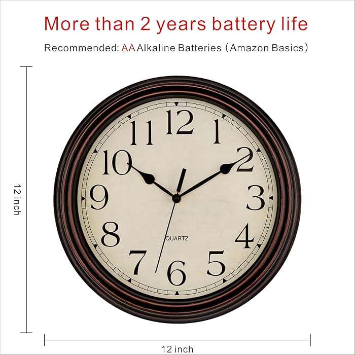 Foxtop Retro Silent Non-Ticking Round Classic Clock Quartz Decorative Battery Operated Wall Clock for Living Room Kitchen Home Office 12 Inch (Bronze) - Image 3