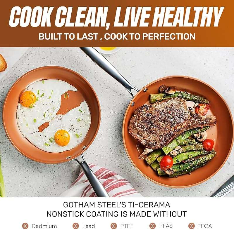 Gotham Steel 9.5 Inch Copper Non Stick Frying Pans, Ceramic Non Toxic Frying Pans Nonstick Skillet Made Without PFOA PFOS, Lightweight, Stay Cool Handle, Oven and Dishwasher Safe - Image 3