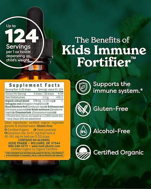 Herb Pharm Kids Immune Fortifier: Alcohol-Free Organic Immunity Supplement with Elderberry & Echinacea, Liquid Herbal Formula, 1 oz - Image 2