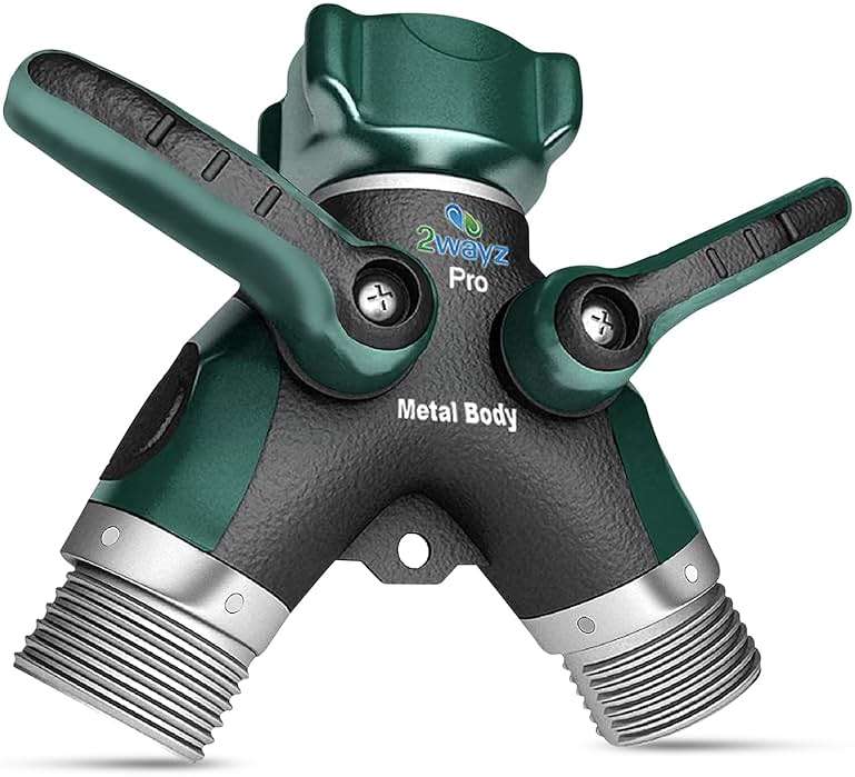 2WAYZ Hose Splitter 2 Way Heavy Duty Outdoor Faucet and Garden Connector - Water Spigot Splitter - Durable All-Metal Y Adapter with Shut-Off Valve - 4 x 4 x 1.5 Inches - Image 1