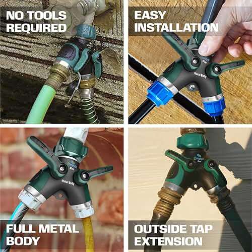 2WAYZ Hose Splitter 2 Way Heavy Duty Outdoor Faucet and Garden Connector - Water Spigot Splitter - Durable All-Metal Y Adapter with Shut-Off Valve - 4 x 4 x 1.5 Inches - Image 6