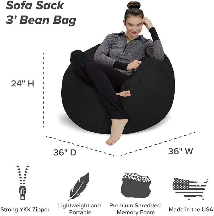 Sofa Sack Bean Bag Chair - Plush, Ultra Soft - Memory Foam Bean Bag Chair with Microsuede Cover - Stuffed Foam Filled Furniture and Accessories for Dorm Room 3 Feet - Black - Image 3