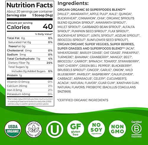 Orgain Organic Greens Powder + 50 Superfoods, Original - 1 Billion Probiotics for Digestive Health, Antioxidants, Vegan, Plant-Based, Gluten-Free, Non-GMO, Green Juice & Smoothie Drink Mix - 0.62lb - Image 2