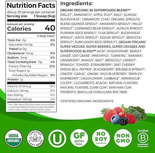 Orgain Organic Greens Powder + 50 Superfoods, Berry - 1 Billion Probiotics for Digestive Health, Antioxidants, Vegan, Plant-Based, Gluten-Free, Non-GMO, Green Juice & Smoothie Drink Mix - 0.62lb - Image 2