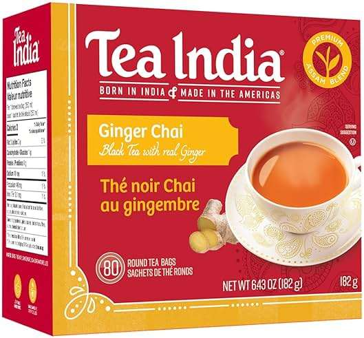 Tea India Ginger Chai Black Tea with Real Ginger Flavorful Blend Of Premium Black Tea, Ginger & Natural Ingredients Traditional Indian Caffeinated Tea 80 Round Teabags - Image 1
