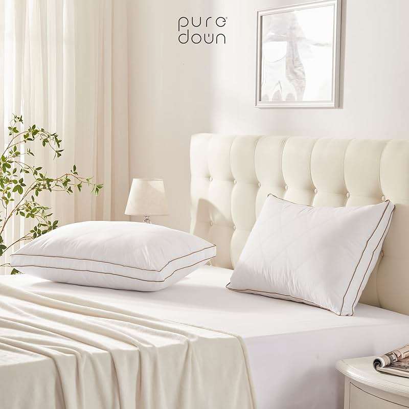 puredown® Goose Feathers and Down Pillow for Sleeping Hotel Collection Bed Pillows, Gusseted, King, Set of 2 - Image 3