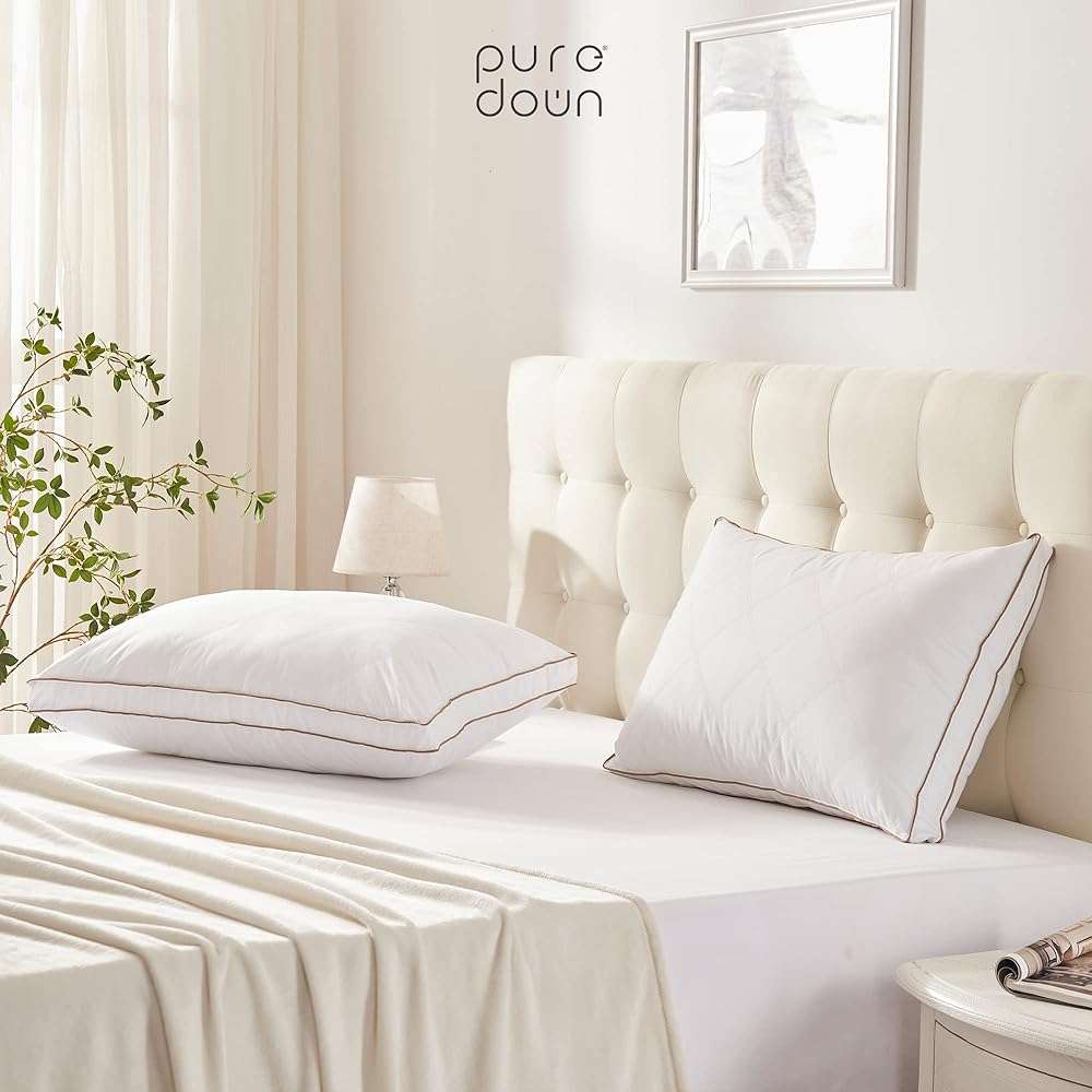 puredown® Goose Feathers and Down Pillow for Sleeping Hotel Collection Bed Pillows, Gusseted, King, Set of 2 - Image 2