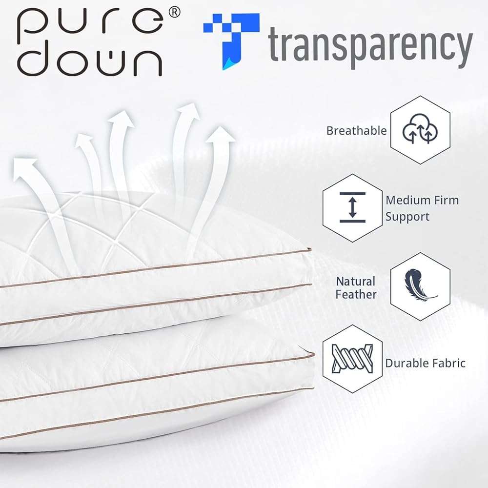 puredown® Goose Feathers and Down Pillow for Sleeping Hotel Collection Bed Pillows, Gusseted, King, Set of 2 - Image 3