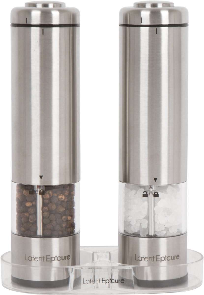 Latent Epicure Electric Salt and Pepper Grinder Set, USB-C Rechargeable Stainless Steel Mills with LED Light, Adjustable Ceramic Grinders and Acrylic Mill Rest Tray - Image 1