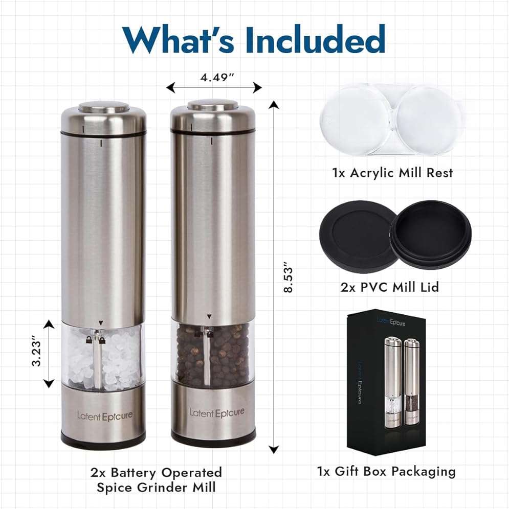 Latent Epicure Electric Salt and Pepper Grinder Set, USB-C Rechargeable Stainless Steel Mills with LED Light, Adjustable Ceramic Grinders and Acrylic Mill Rest Tray - Image 2