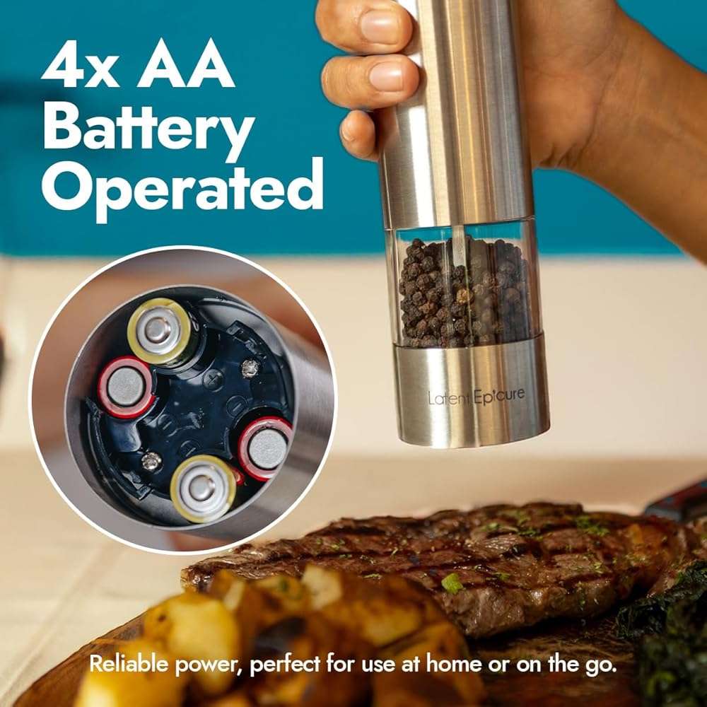 Latent Epicure Electric Salt and Pepper Grinder Set, USB-C Rechargeable Stainless Steel Mills with LED Light, Adjustable Ceramic Grinders and Acrylic Mill Rest Tray - Image 4