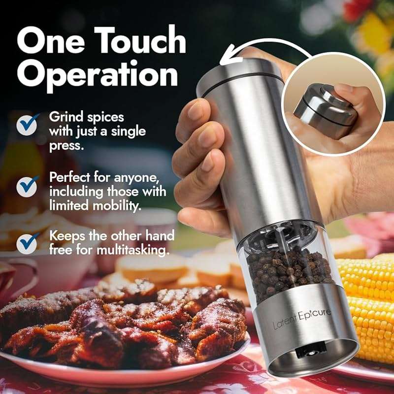 Latent Epicure Electric Salt and Pepper Grinder Set, USB-C Rechargeable Stainless Steel Mills with LED Light, Adjustable Ceramic Grinders and Acrylic Mill Rest Tray - Image 5
