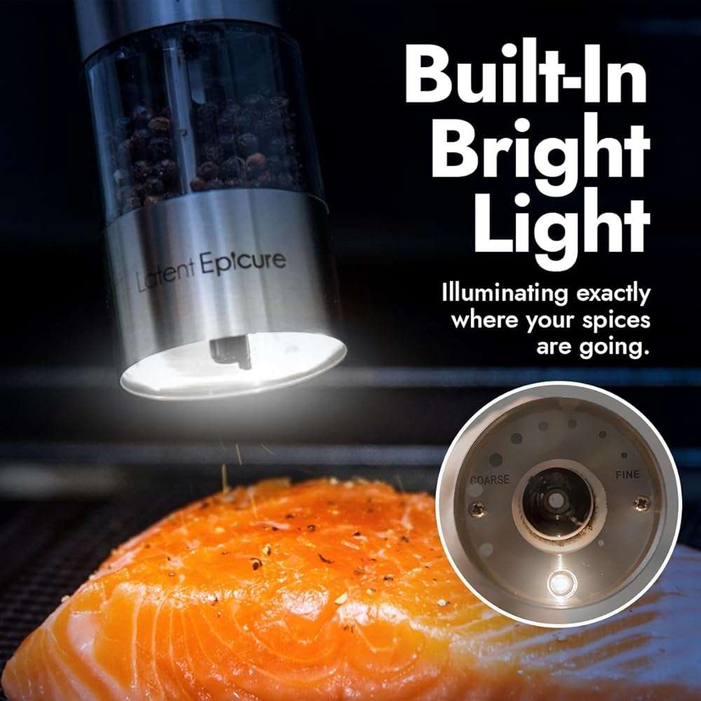 Latent Epicure Electric Salt and Pepper Grinder Set, USB-C Rechargeable Stainless Steel Mills with LED Light, Adjustable Ceramic Grinders and Acrylic Mill Rest Tray - Image 6