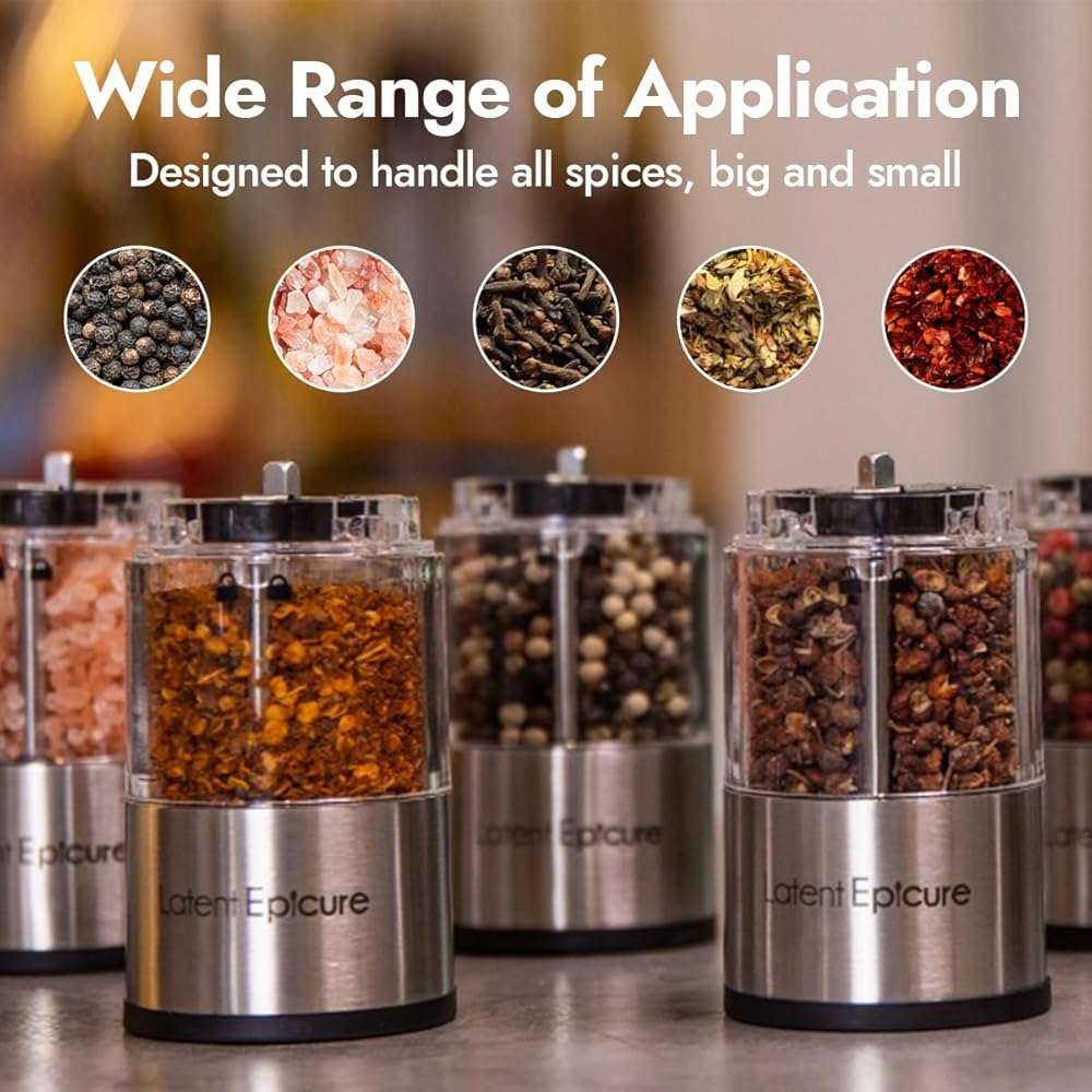 Latent Epicure Electric Salt and Pepper Grinder Set, USB-C Rechargeable Stainless Steel Mills with LED Light, Adjustable Ceramic Grinders and Acrylic Mill Rest Tray - Image 8