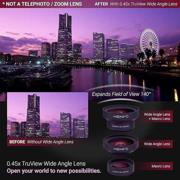 Xenvo Pro Lens Kit for iPhone and Android, Macro and Wide Angle Lens with LED Light and Travel Case Black - Image 2