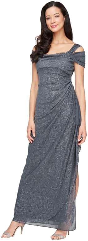 Alex Evenings Women's Long Cold Shoulder Dress (Petite and Regular Sizes), Smoke Glitter, 8 - Image 1
