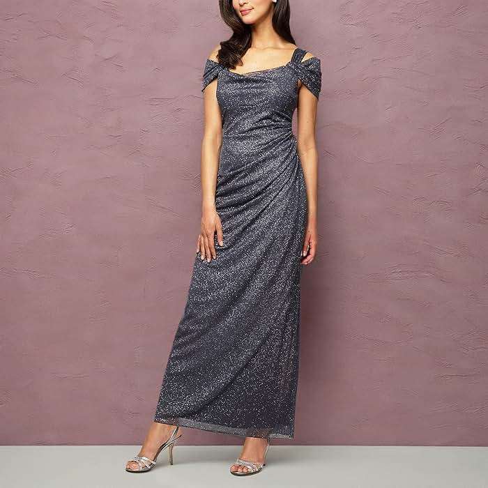 Alex Evenings Women's Long Cold Shoulder Dress (Petite and Regular Sizes), Smoke Glitter, 8 - Image 4