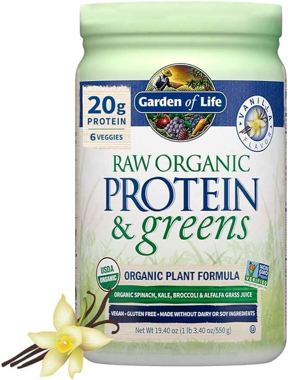 Garden of Life Raw Protein & Greens Vanilla Protein Powder – 20g Plant Based Greens Powder, Probiotics & Enzymes, Post-Workout Recovery, Vegan, Gluten-Free, Non-GMO, 20 Servings - Image 1