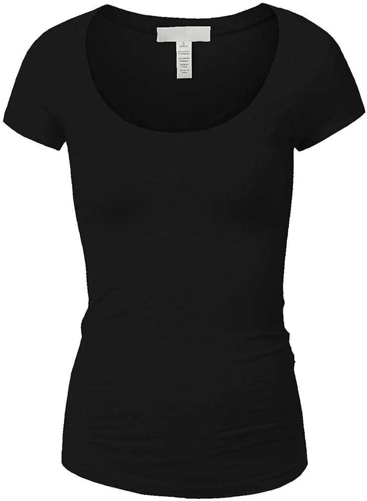 Active Basic Womens Plain Basic Deep Scoop Neck with Cap Short Sleeves, Black, M - Image 1