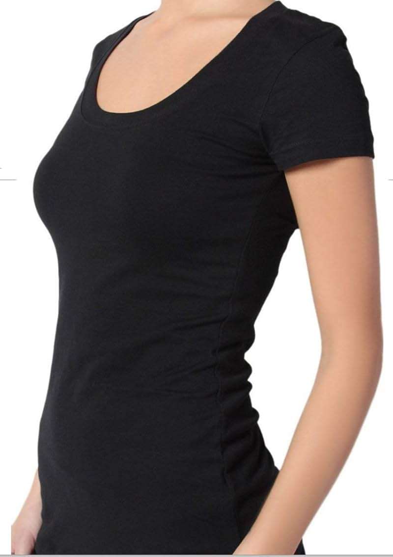 Active Basic Womens Plain Basic Deep Scoop Neck with Cap Short Sleeves, Black, M - Image 2