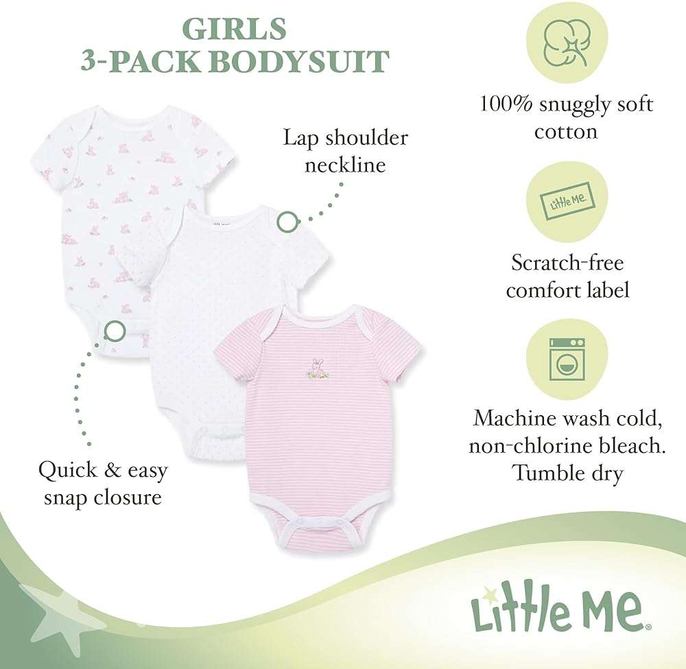 Little Me Clothes for Baby Girls' 3-Pack 100% Cotton Bodysuits with Full Snap Closures, Baby Essentials - Image 3