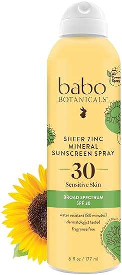 Babo Botanicals Sheer Zinc Continuous Sunscreen Spray SPF30 - Natural Zinc Oxide - Extra Sensitive Skin - Water Resistant - Vegan - Fragrance-Free - Air-Powered Spray - For all ages - Image 1