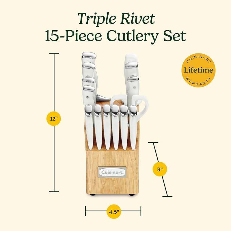 Cuisinart 15-Piece Knife Set with Block, High Carbon Stainless Steel, Forged Triple Rivet, White, C77WTR-15P - Image 3
