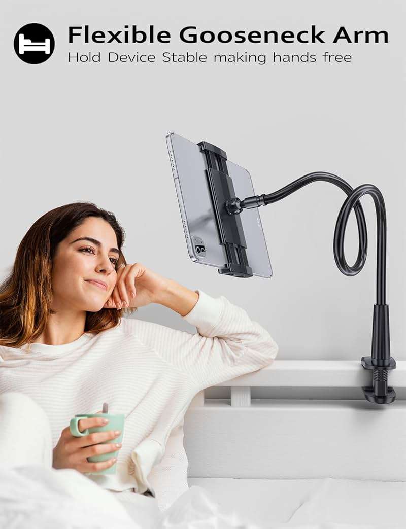 Tryone Gooseneck Kindle&Tablet Holder for Bed Hands-Free Reading on Bed Headboard for iPad, Kindle, and Switch, Flexible 30in Al-Mg Alloy Clamp Arm Stand for Tablets 4.7-10.5 in, Phone - Black - 30in - Image 3