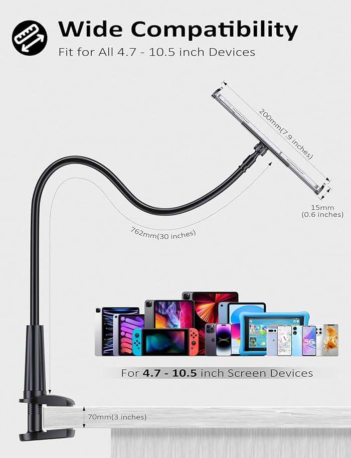 Tryone Gooseneck Kindle&Tablet Holder for Bed Hands-Free Reading on Bed Headboard for iPad, Kindle, and Switch, Flexible 30in Al-Mg Alloy Clamp Arm Stand for Tablets 4.7-10.5 in, Phone - Black - 30in - Image 5