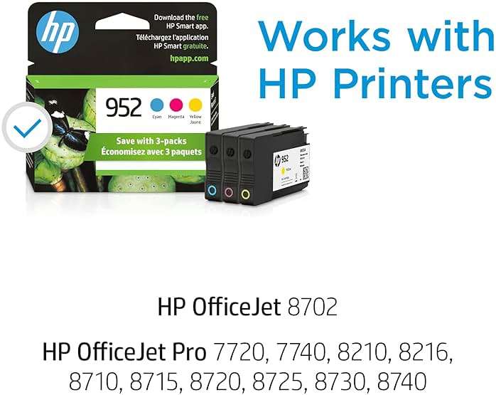 HP 952 Cyan, Magenta, Yellow Ink Cartridges (3-Pack) | Works with Printer Series: OfficeJet 8702, OfficeJet Pro 7720, 7740, 8210, 8710, 8720, 8730, 8740 | Eligible for Instant Ink | N9K27AN - Image 2