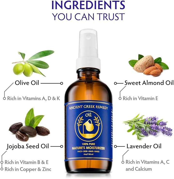 Ancient Greek Remedy Body Oil - Organic After Shower Face Oil & Body Moisturizer for Dry Skin - Almond, Jojoba, Olive, Lavender, Vitamin E Oils - Natural Clean Facial Skincare for Women & Men 4 oz - Image 4