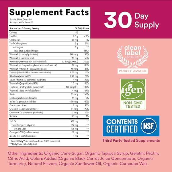 SmartyPants Women's Multivitamin Gummies: Omega 3 Fish Oil (EPA/DHA), Methylfolate, CoQ10, Vitamin D3, C, Vitamin B12, B6, A, K & Zinc, Inositol, Gluten Free, 180 Count (30 Day Supply) - Image 3