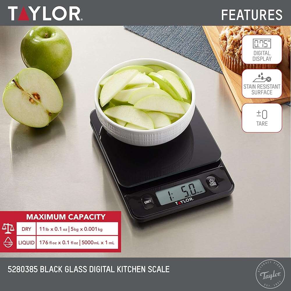 Taylor Glass Top Food Scale with Touch Controls, 11 lb Capacity, Sleek Black Design for Precision Food Measurement in Grams and Ounces - Image 2