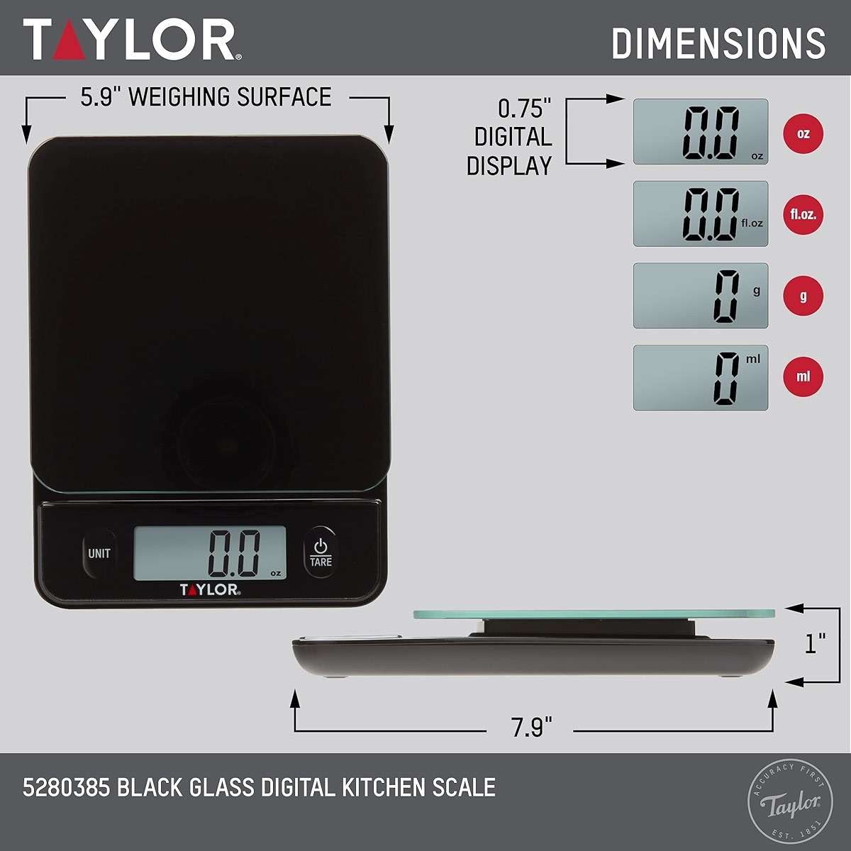 Taylor Glass Top Food Scale with Touch Controls, 11 lb Capacity, Sleek Black Design for Precision Food Measurement in Grams and Ounces - Image 3