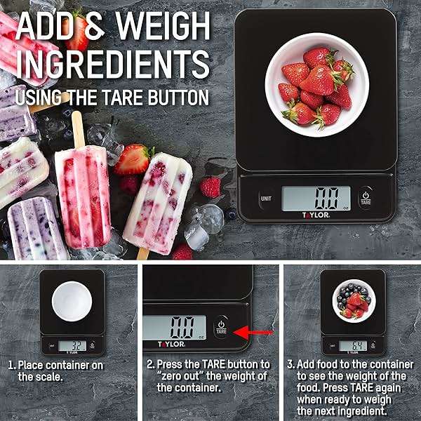 Taylor Glass Top Food Scale with Touch Controls, 11 lb Capacity, Sleek Black Design for Precision Food Measurement in Grams and Ounces - Image 4