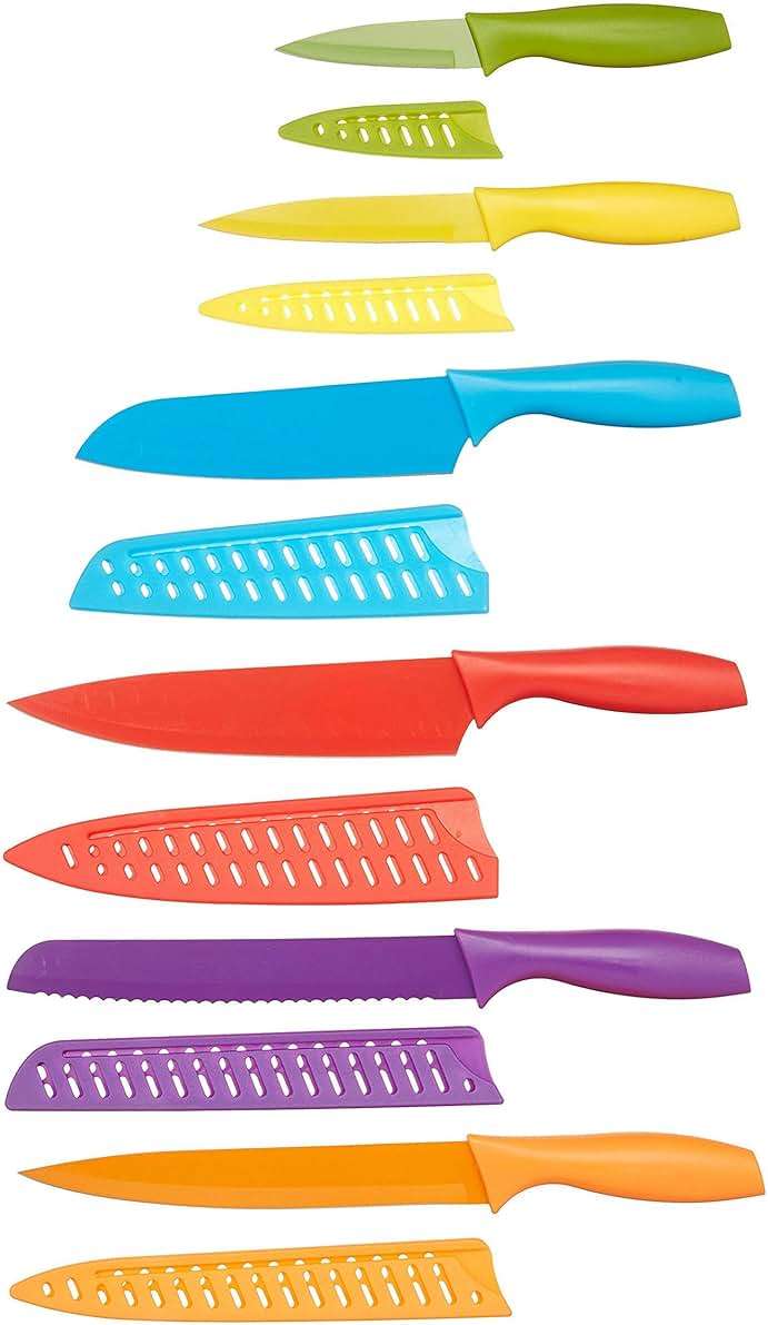 Amazon Basics Color-Coded Dishwasher Safe Kitchen Knife Set, 12-Piece with Ergonomic Handles, Non-stick Sharp Blades, 6 Knives with 6 Blade Guards, Multicolor, 13.88 x 4.13 x 1.38 inch - Image 1