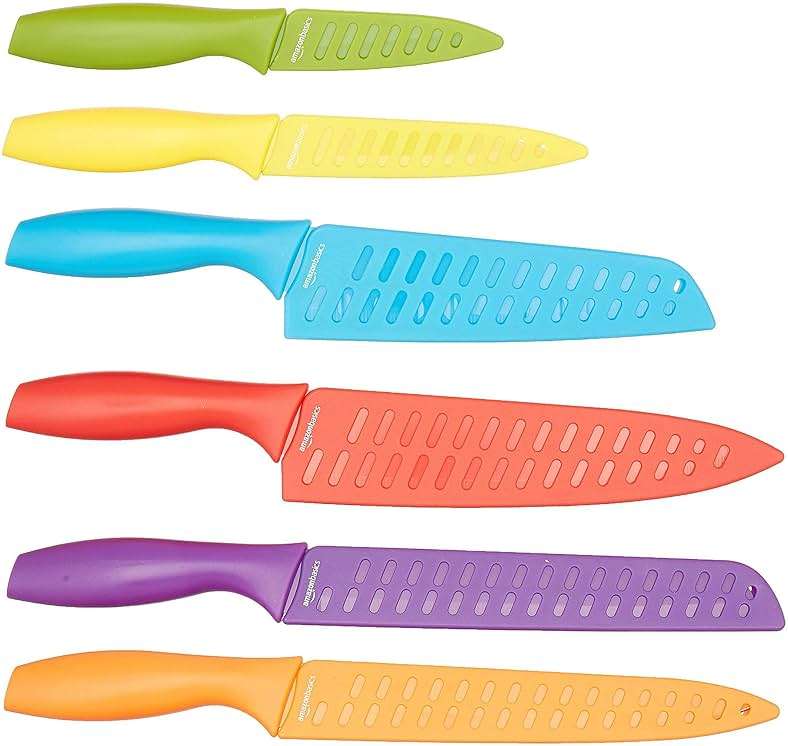 Amazon Basics Color-Coded Dishwasher Safe Kitchen Knife Set, 12-Piece with Ergonomic Handles, Non-stick Sharp Blades, 6 Knives with 6 Blade Guards, Multicolor, 13.88 x 4.13 x 1.38 inch - Image 2