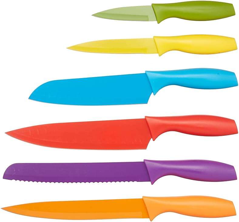 Amazon Basics Color-Coded Dishwasher Safe Kitchen Knife Set, 12-Piece with Ergonomic Handles, Non-stick Sharp Blades, 6 Knives with 6 Blade Guards, Multicolor, 13.88 x 4.13 x 1.38 inch - Image 4