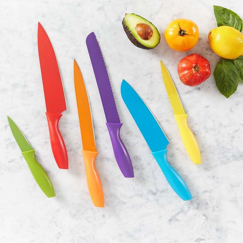 Amazon Basics Color-Coded Dishwasher Safe Kitchen Knife Set, 12-Piece with Ergonomic Handles, Non-stick Sharp Blades, 6 Knives with 6 Blade Guards, Multicolor, 13.88 x 4.13 x 1.38 inch - Image 6