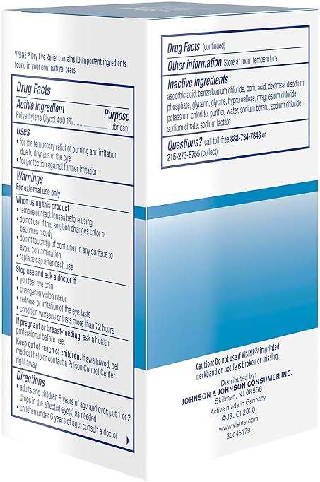 Visine Dry Eye Relief Lubricant Eye Drops to Moisturize and Soothe Irritated, Gritty and Dry Eyes, Designed to Work Like Real Tears, Polyethylene Glycol 400, 0.5 fl. oz, 2 Pack - Image 14