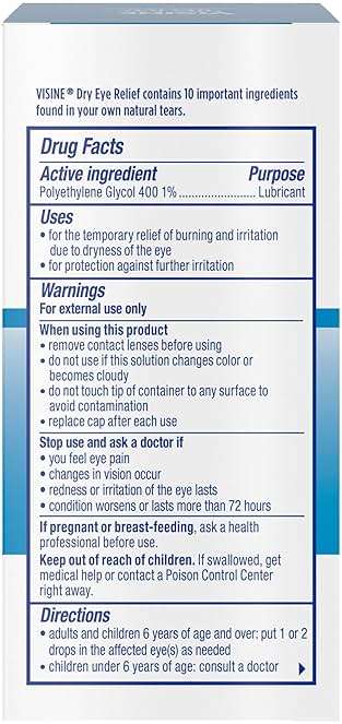 Visine Dry Eye Relief Lubricant Eye Drops to Moisturize and Soothe Irritated, Gritty and Dry Eyes, Designed to Work Like Real Tears, Polyethylene Glycol 400, 0.5 fl. oz, 2 Pack - Image 7