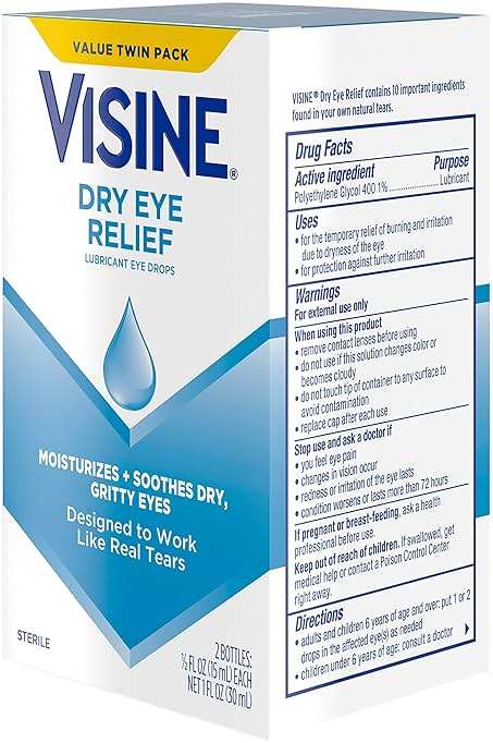 Visine Dry Eye Relief Lubricant Eye Drops to Moisturize and Soothe Irritated, Gritty and Dry Eyes, Designed to Work Like Real Tears, Polyethylene Glycol 400, 0.5 fl. oz, 2 Pack - Image 9