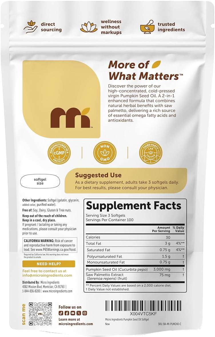 Micro Ingredients Pumpkin Seed Oil with Saw Palmetto,300 Softgels | Cold Pressed, Pure Virgin Oil, Essential Fatty Acids, & Phytosterols | Non-GMO - Image 3
